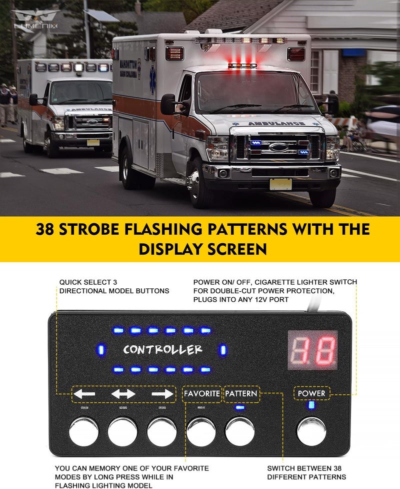 LUMENIX Rooftop Strobe Beacon Lights White Red LED Emergency Warning Caution Flashing Traffic Light Bar for POV Firefighter Ambulance Vehicles Fire Trucks, American Flag Pattern | Patented Design - Image 4